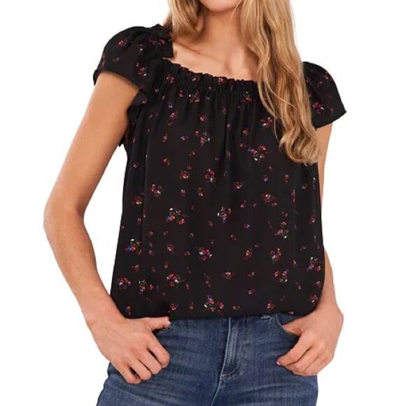 CeCe Women's Ruffled Square Neckline Floral-Print Blouse Black Sz S - Picture 1 of 8